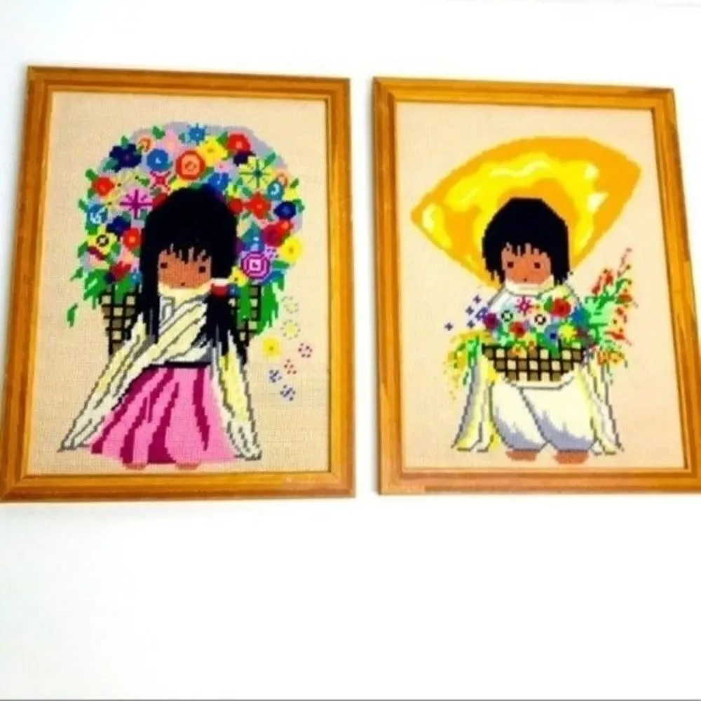 2 Native American Cross Stitch framed art floral vintage